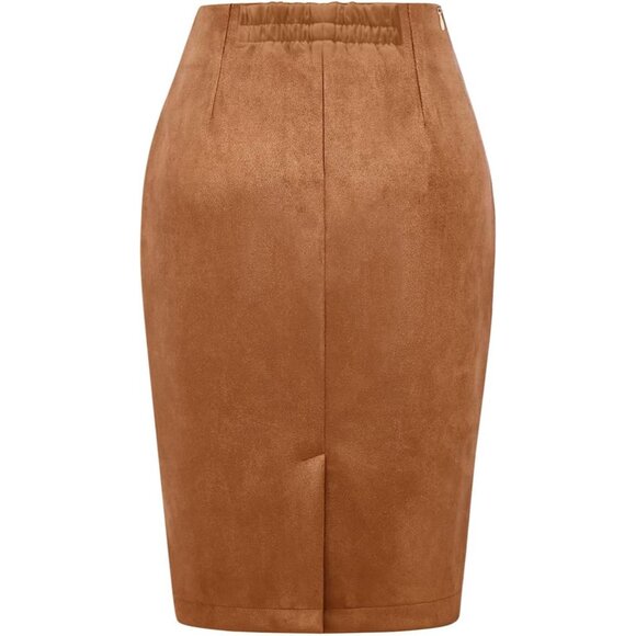 Elegant Above-Knee Khaki Skirt with Invisible Zip - Casual to Formal Style - Picture 5 of 6